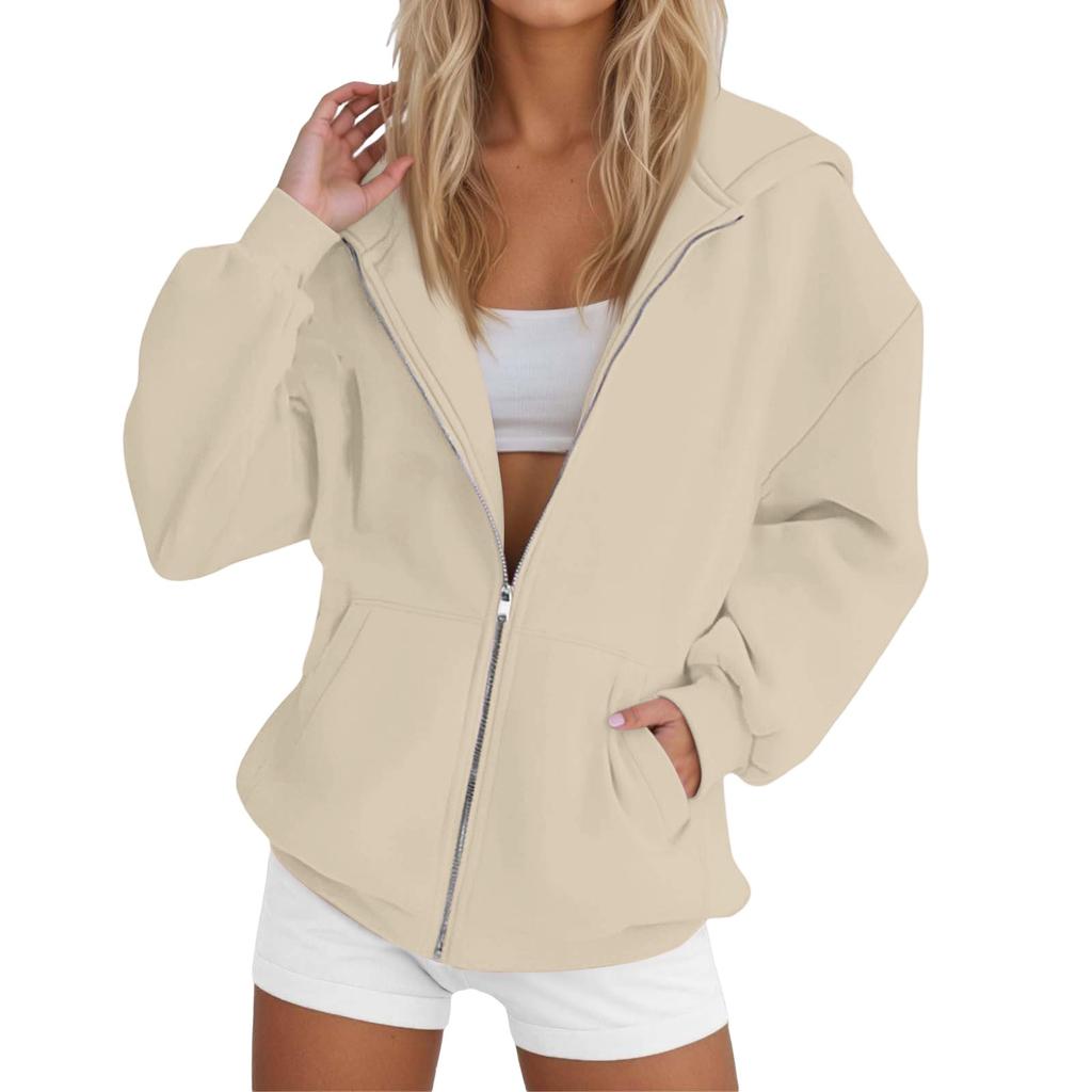 Women's Long Sleeve Solid Color Hooded Sweatshirt Jacket