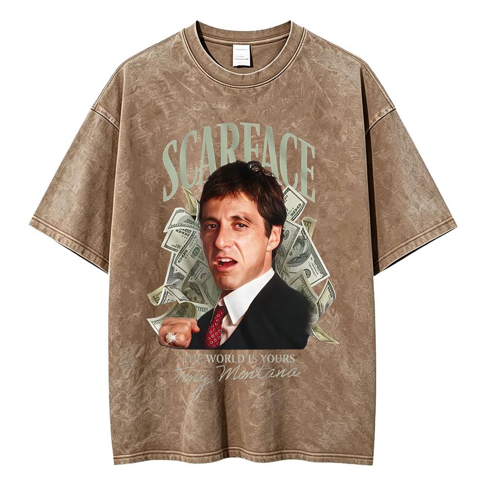 Movie Scarface The World Is Yours Vintage Washed Tshirt Tony Montana Al Pacino Unisex Unisex Clothing Oversized T Shirt Streetwear