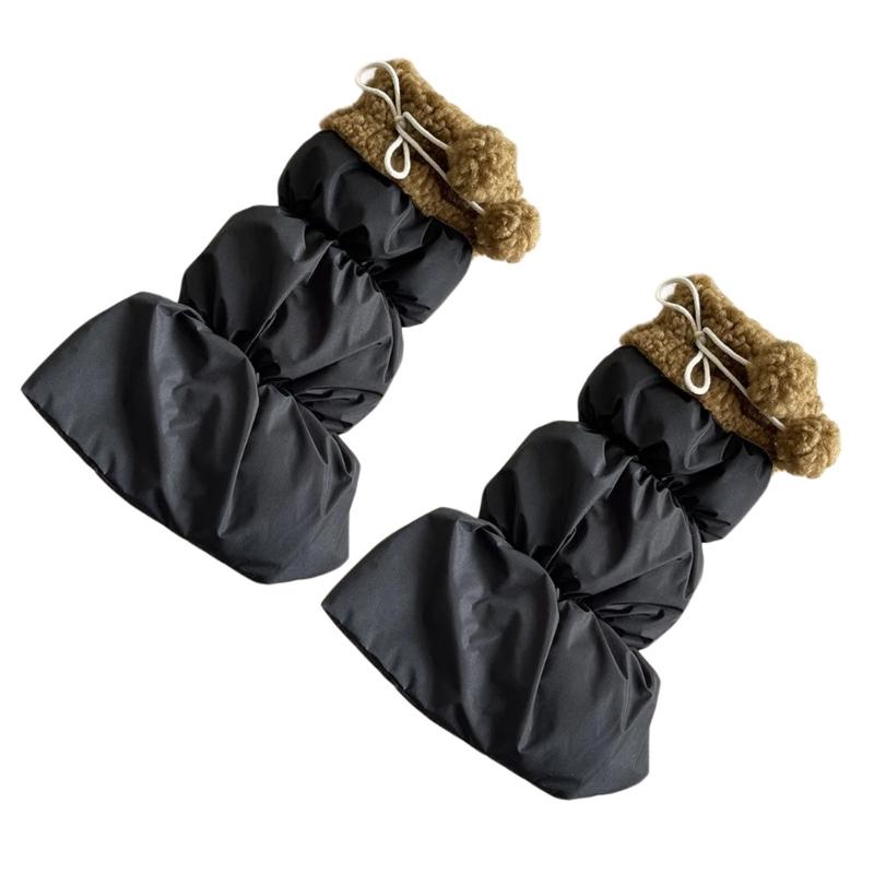 Lamb Fleece Trim Padded Puffer Leg Warmers with Cute Plush Balls for Women Warm Thermal Quilted Boot Cuffs Foot Covers