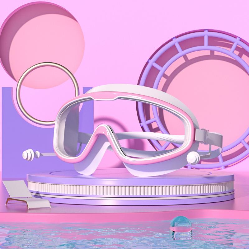 Large Frame Swimming Goggles Waterproof Anti-fog HD Swimming Goggles with Earplugs Boys Girls Pool Beach Eyewear for Adult Kids