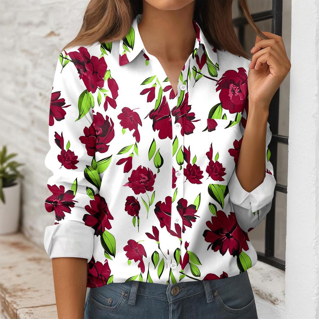 Women's Button Down Prints Shirt Long Sleeve Shirt Business Work Tops Casual With Pockets Jacket