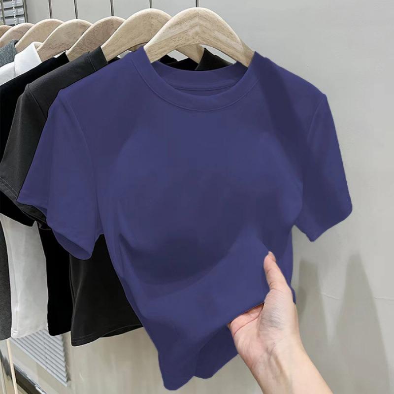 Women Summer New Slim Fit Short Sleeve Cropped T Shirt Versatile Casual Basic Top