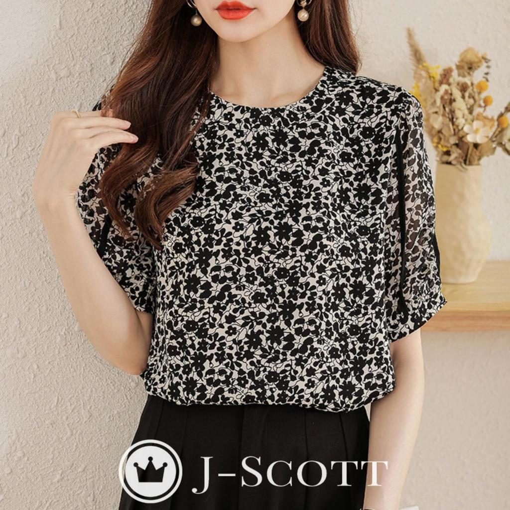 Botanical Pattern Chiffon Puff Upper Arm Floral Monotone Slender Spring Spring Easy Care 5 Class S Work Fall Fashionable Black [J-Scott] [Limited