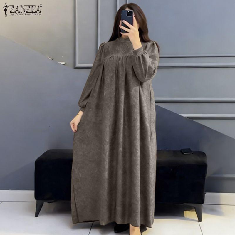 ZANZEA Vestido Casual de Manga Larga de Color Sólido con Cuello Alto para Mujer