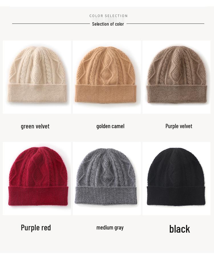 2024 Autumn/Winter Pure Cashmere Rhombus Knit Hat with Ear Protection - Versatile and Warm.