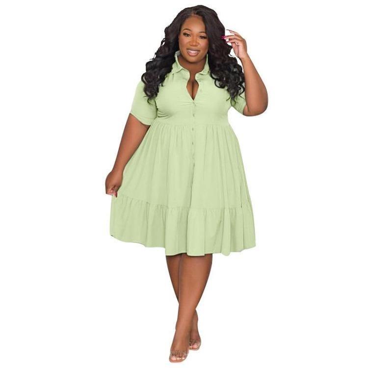 

Plus Size Women Summer Casual Lapel Shirt Dress Short Sleeve Elegant Solid Color XL светло-зеленый