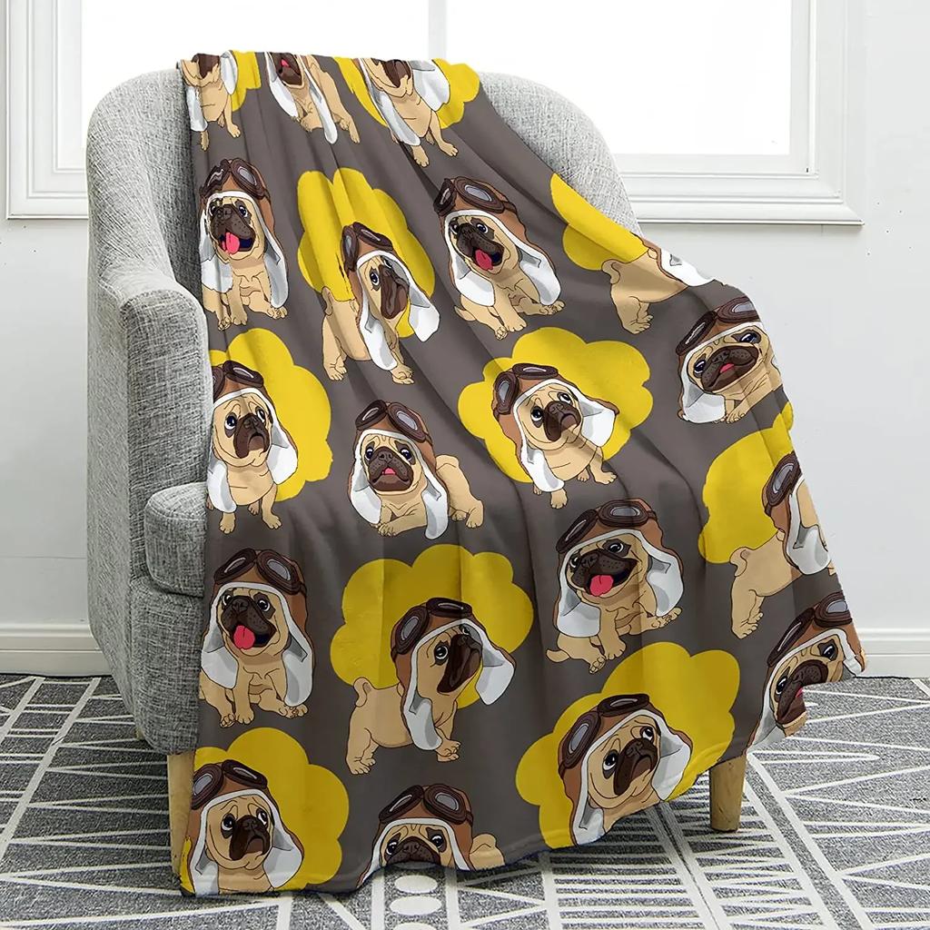Cute Pet Pug Dog Print Blanket Soft Colorful Flannel Throw Blanket for Sofa Chair Bed Office Travelling Camping Lightweight