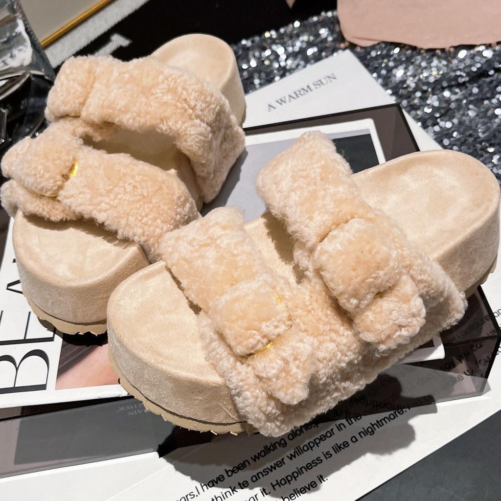 Winter Fashion Thick-soled Casual Lamb Wool Slippers Women Wear Lazy Fur Integrated Open-toed Fluffy Slippers Women's Shoes