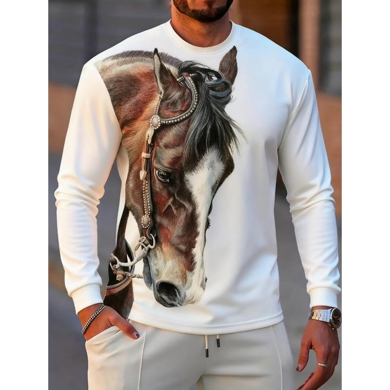 Men's T-Shirt Running Horse Graphic 3D Print Fashion Long Sleeve Crew Neck Tee Shirt Casual Summer Personality Men's Top