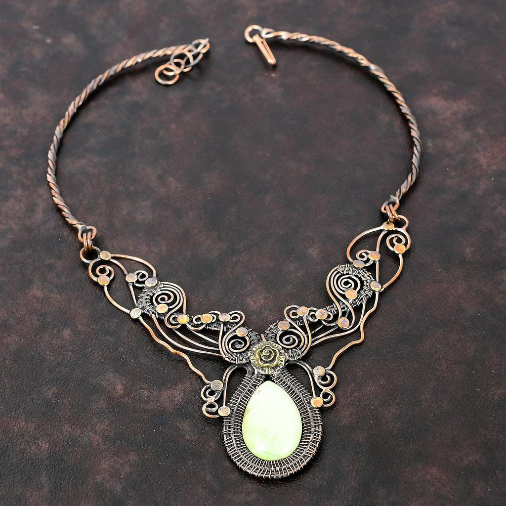 Lemon Chrysoprase Necklace Copper Wire Wrapped Necklace Handmade Copper Jewelry Adjustable Necklace Wire Wrap Gemstone Jewelry Gift For Her
