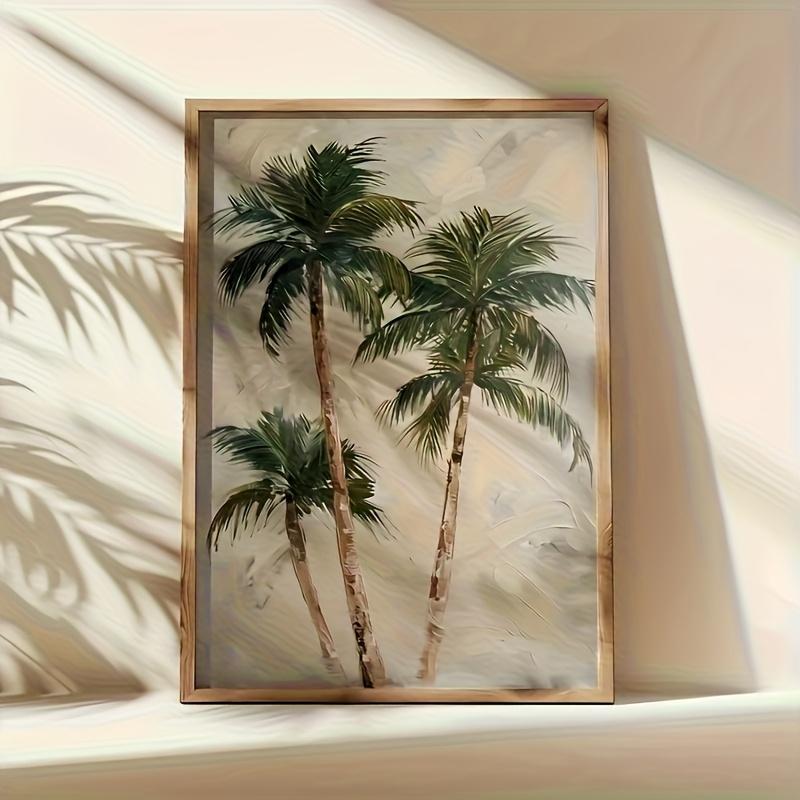 1pc Frameless Canvas Poster - Modern Tropical Palm Tree Art, Vibrant Green & Beige Botanical Print, High-Quality Canvas Wall Dec