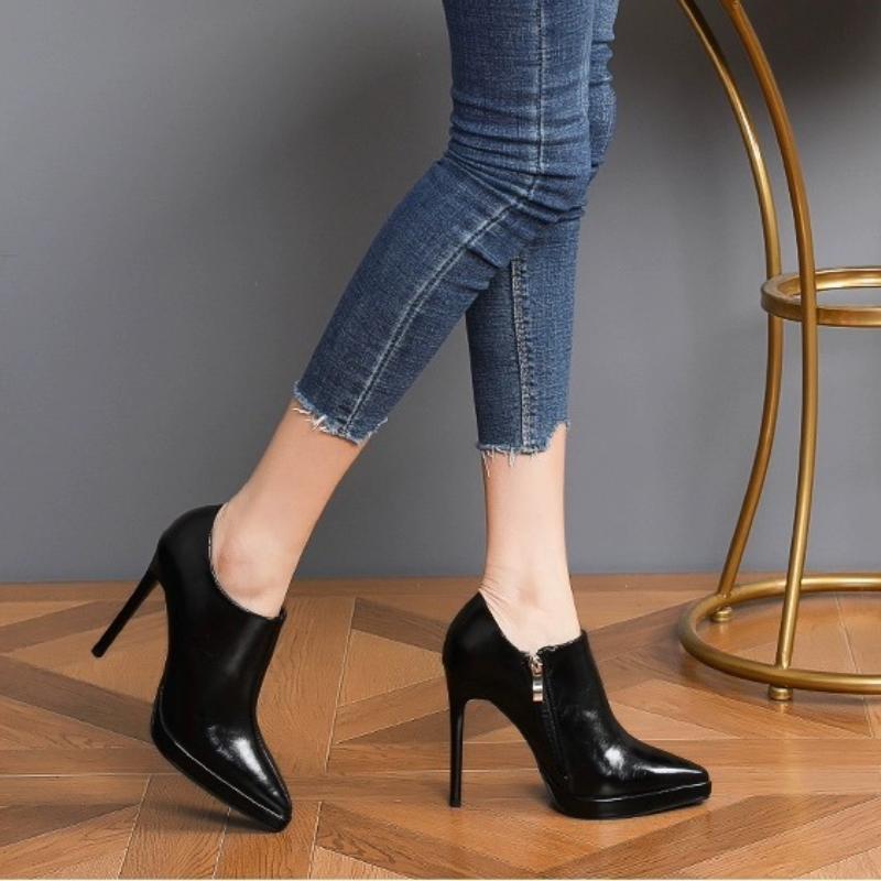 2025 Spring Cowhide Pointed To Platform Thin Heels Pumps Super High Heel Side Zipper Single Shoe Commuter Shoes