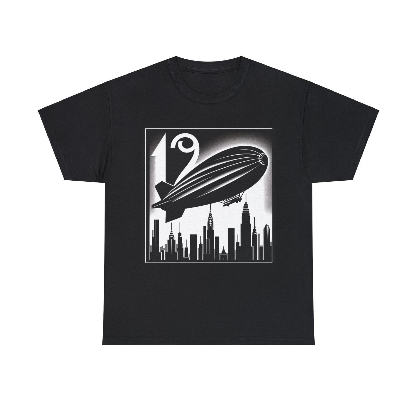 Unisex Adult T Shirt Art Deco Zeppelin Over Skyline Monochrome Minimalist Tee M
