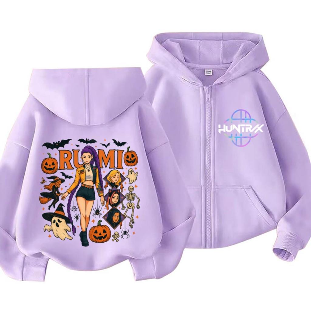 KPop Demon Hunters Zipper Hoodie Cartoon Girls Coat Fashion Thin Clothes Purple Autumn Halloween style Hoodie Jacket Kids Anime Sweatshirt Gift