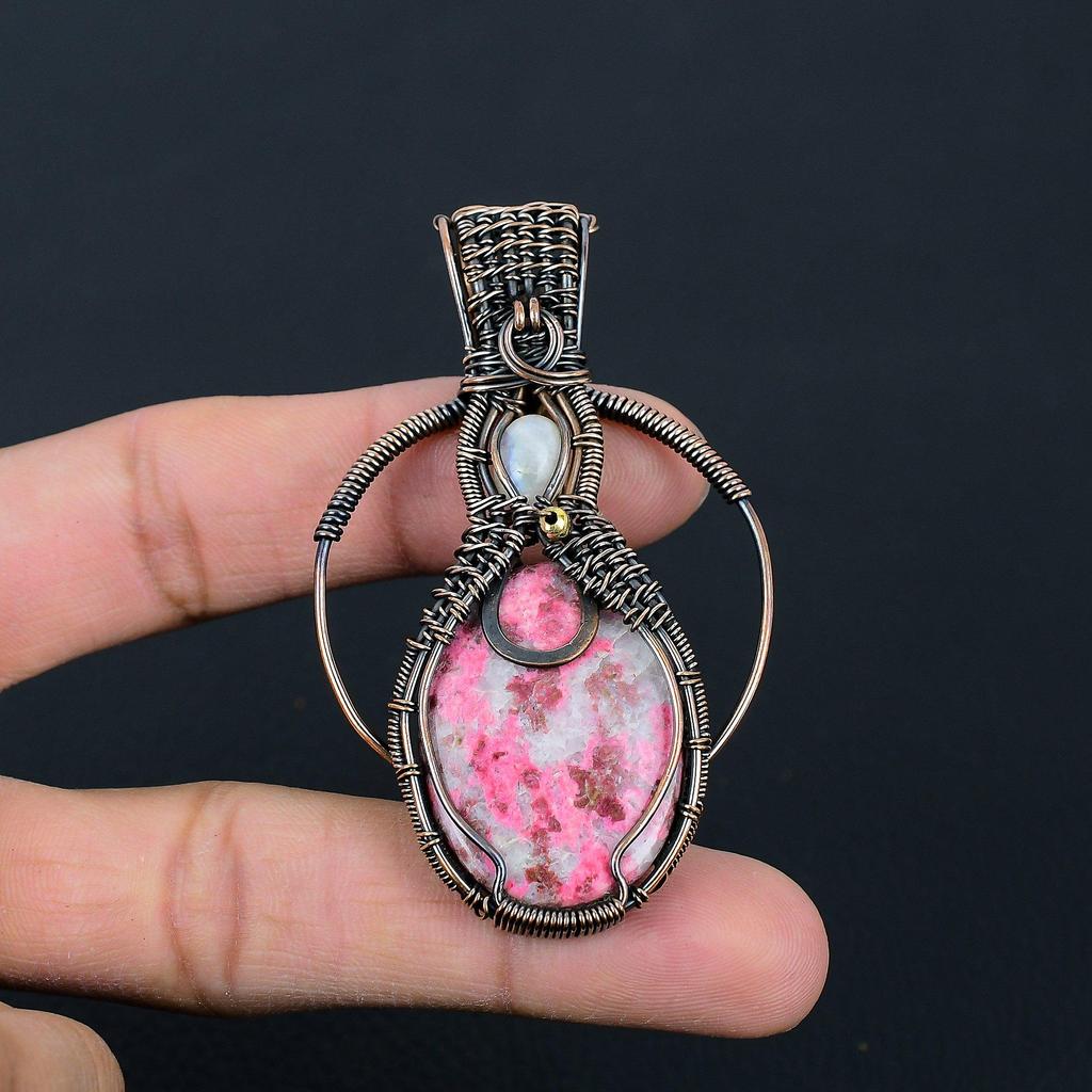 Rosa Thulit & Mondstein Edelstein Handgefertigter Kupferdraht Wickel Schmuck Anhänger für Frauen