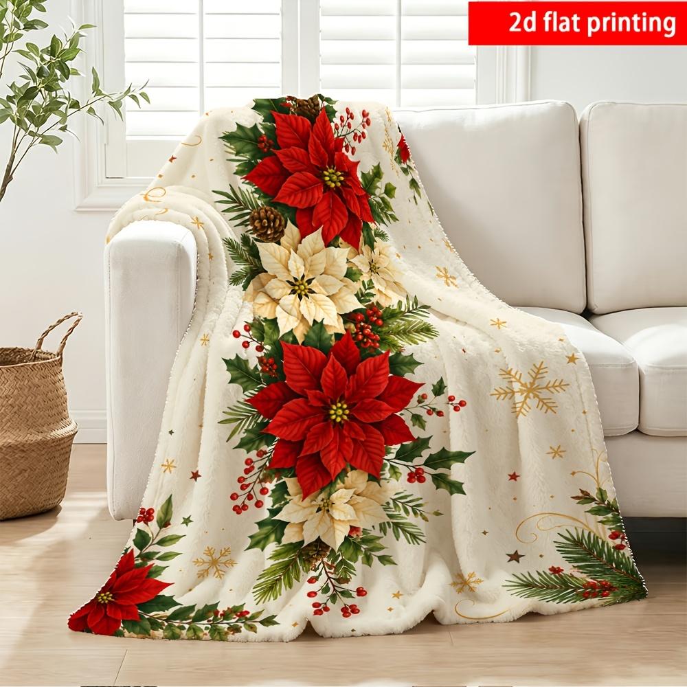 2D Flat Printing, Cream Background Christmas Floral Pinecone Holly Pattern Flannel Blanket, Cozy American Holiday Decor, Single-Sided Printing, Suitab