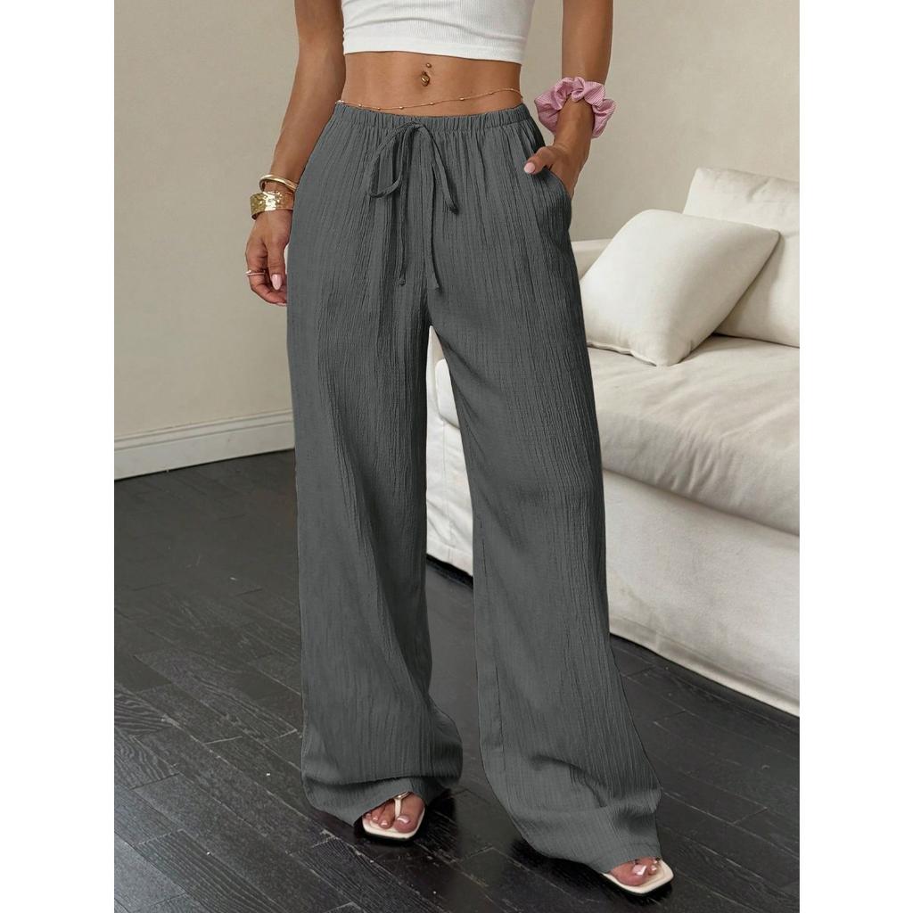 New Women's Casual Solid Color Textured Fabric Knotted Waist Slanted Pocket Wide Leg Pants