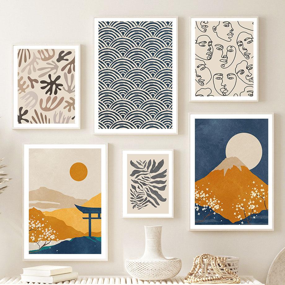 

Mount Fuji Waves Crane Flower Line Face Wall Art Холст Картина Плакаты на скандинавскую тему и принты Настенные картины для декора гостиной A4 21X30cm No Framed