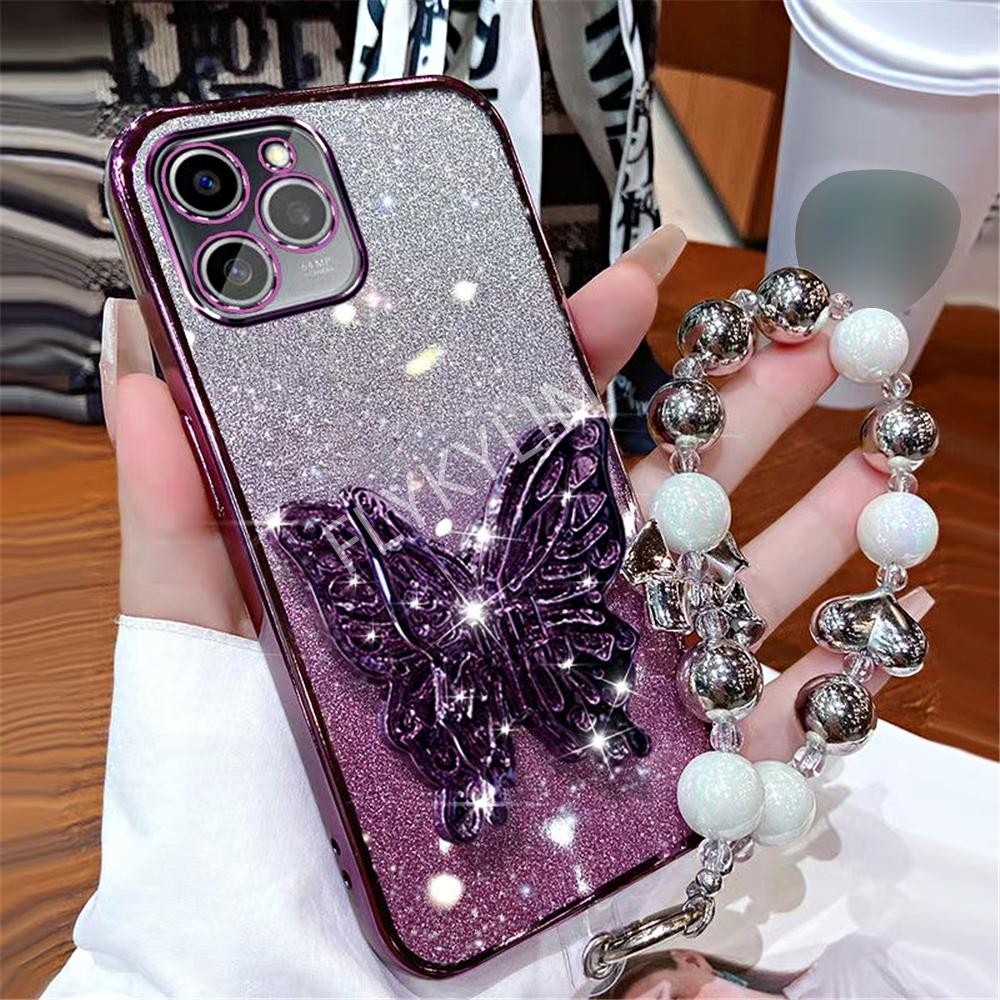 3D Butterfly Phone Holder Bracelet Glitter Plating Case For Samsung A16 A06 A55 A15 A25 A35 A05S A54 A24 A34 A14 A04 Stand Cover