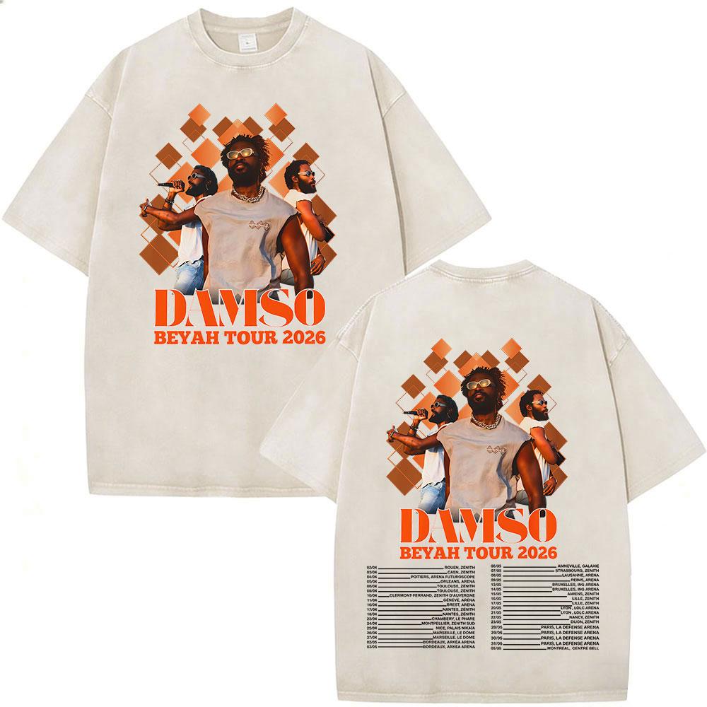 Vintage Spierane Koszulki Rapper Damso Beyah Tour 2026 Mężczyźni Kobiety Odzież Moda Hip Hop Krótki Rękaw Okrągły Dekolt Koszulki Streetwear