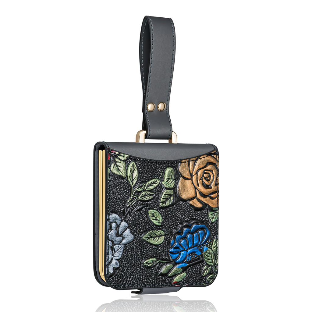 For Samsung Galaxy Z Flip7 5G Kickstand Case Flower Pattern Leather+PC Phone Cover with Back Film