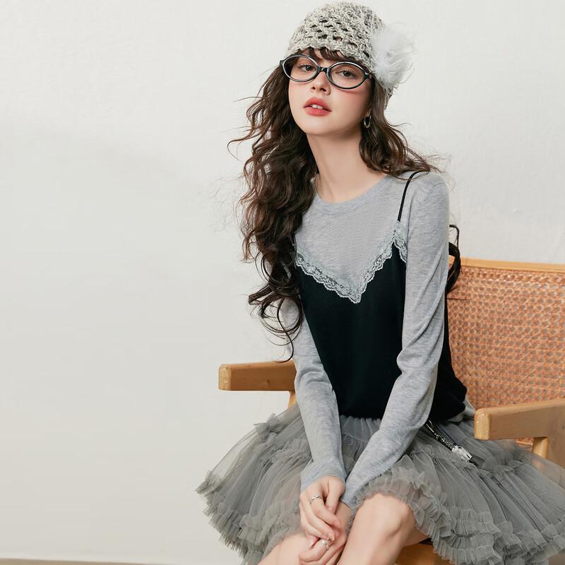 Bailuyu Women's Faux Two-Piece Lace Contrast Knit Top