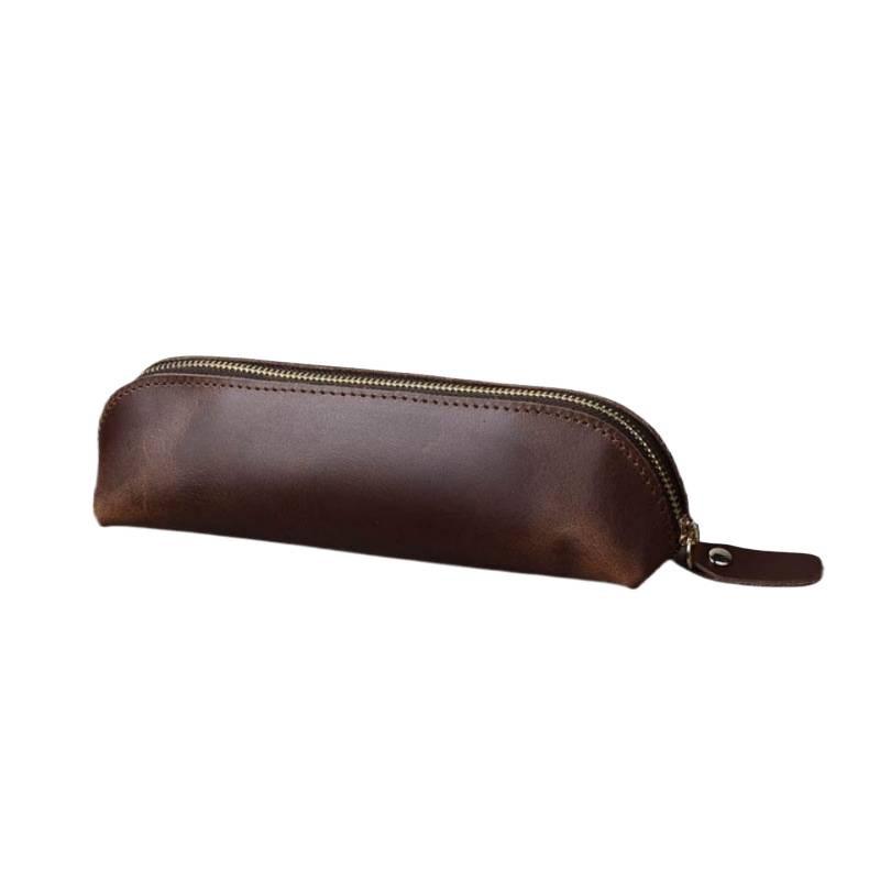 Hot Selling Crazy Horse Leather Pencil Case & Eyeglasses Bag - Unisex Zippered Storage for Stationery & Fountain Pens (Black)