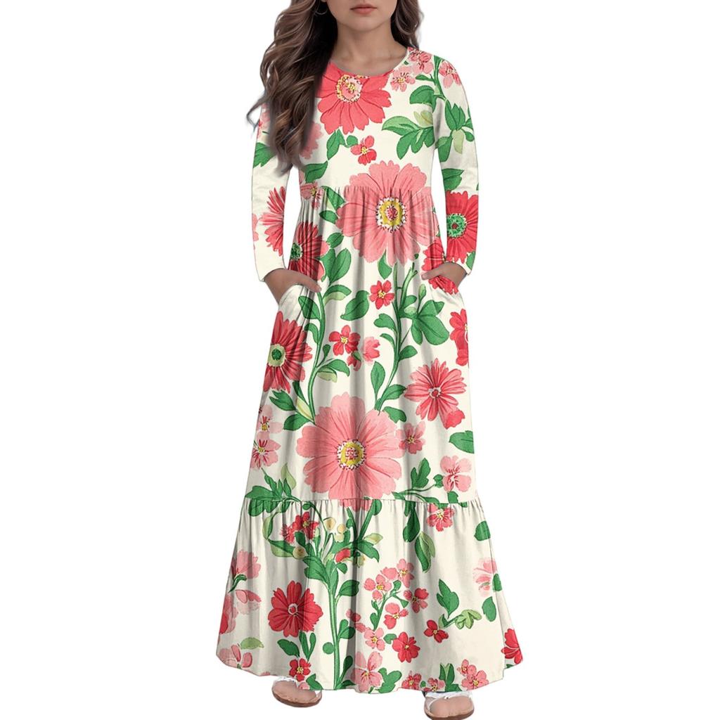 Girls' Maxi Dress Casual Holiday Dresses - Long Sleeve Dress With Pockets For 4-14Y