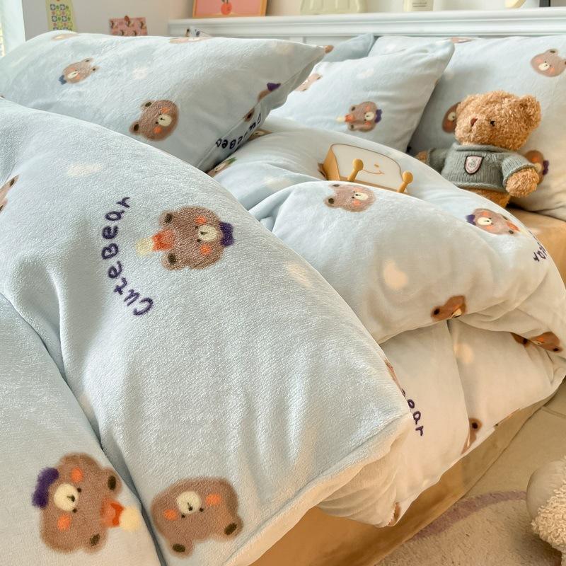 Thickened Milk Fleece Bed Four-Piece Coral Fleece Quilt Cover Double-Sided Flannel Fleece Bed Sheet Three-Piece Set