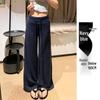 Women's Dark Blue High Waist Wide Leg Sweatpants - Summer 2025 Collection: Slimming, Petite, Straight Leg, Spring/Autumn.