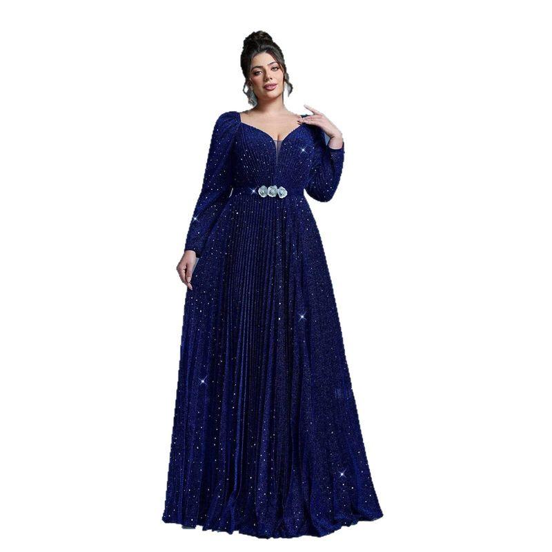 European Cross-Border New Evening Dress, Plus-Size Sequined Long-Sleeve Elegant Gown for Parties and Banquets