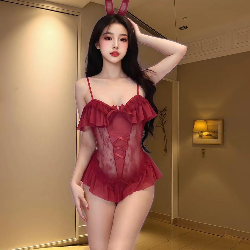Sexy Dessous Sexy Hase Niedliche Uniform Paar Weiblich Lotusblatt Spitze Einteiler Offener Schritt Frei