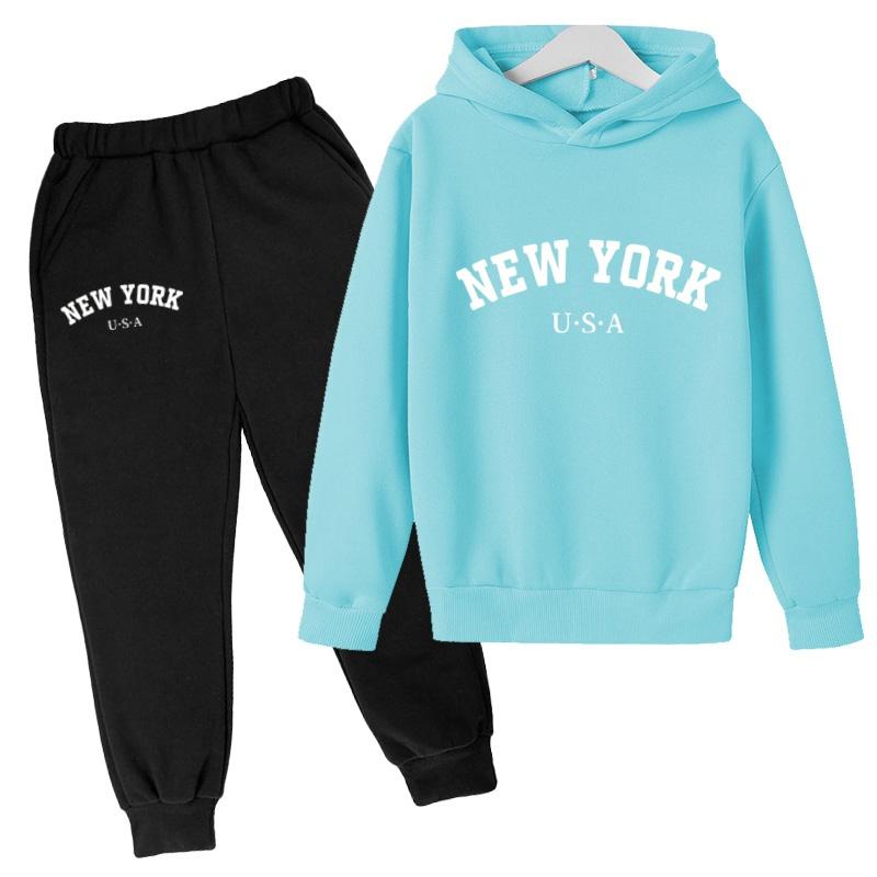 Kids Fashion Hoodie Boy Girl Toddler Pullover 3-12Years NEW YORK USA Letter Print Clothes Casual Top+Trousers 2P Coat Sports Set