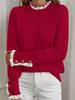 2025 Autumn/Winter Women's Solid Color Pullover Sweater - European & American Fashion, Playful Lace Patchwork, Long Sleeve, Thick Top.