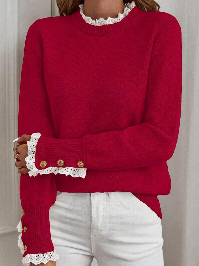 2025 Autumn/Winter Women's Solid Color Pullover Sweater - European & American Fashion, Playful Lace Patchwork, Long Sleeve, Thick Top.