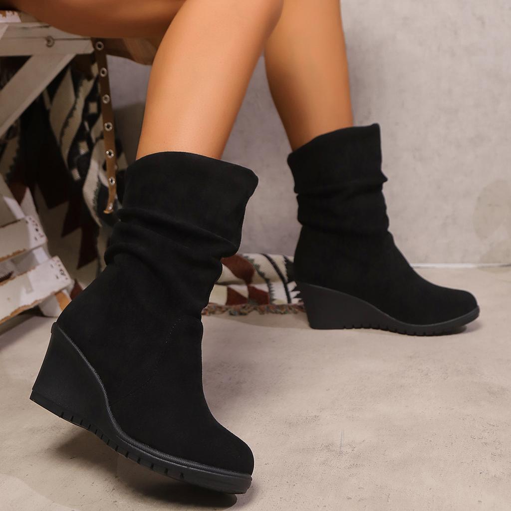 Large Size Wedge Heel Folded Medium Boots Autumn Thick-soled Suede Stacking Boots Women