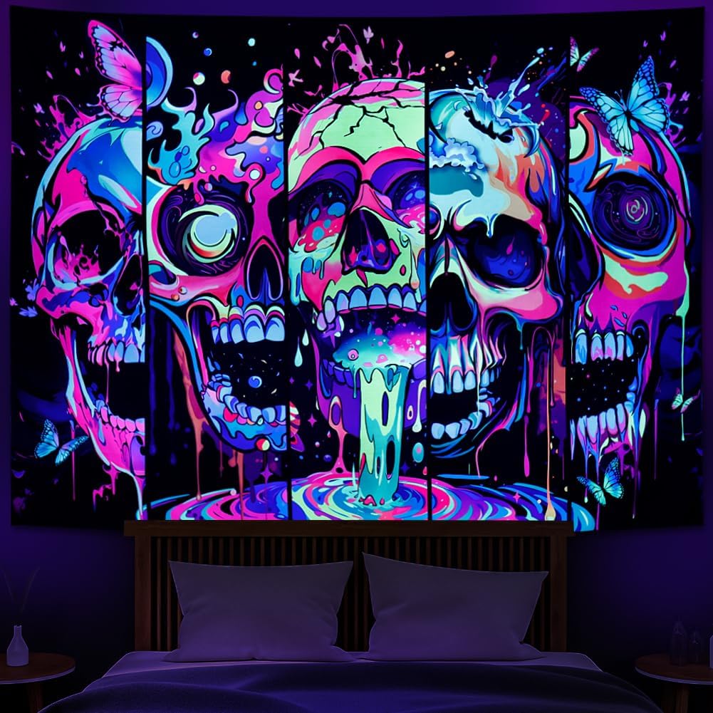 Heopapin Blacklight Skull Art Tapestry UV Reactive Neon Skeleton Butterfly Tapestries Trippy Blacklight Horror Face Tapestry Halloween Aesthetic Wall