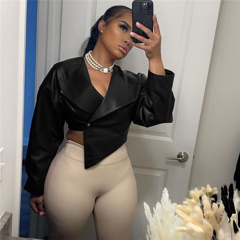 Letní dámská módní stylová vypasovaná zkrácená bunda z PU kůže jednobarevná ležérní