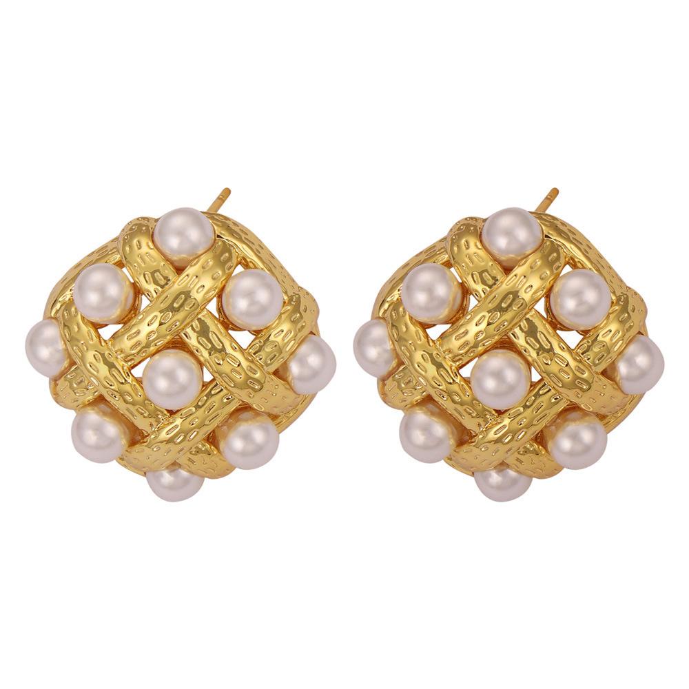 Medieval Style Retro Fashion Temperament Earrings Woven Hollow High-Gloss Bead Earrings Copper Gold-Plated Exquisite High-End Earrings