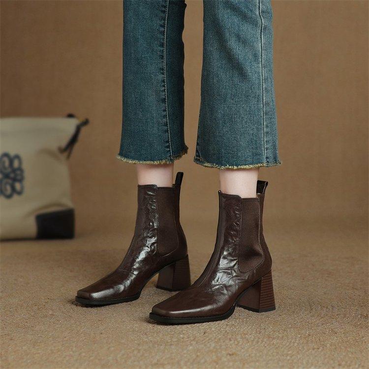 Women'S New Autumn/Winter Square Headed Leather Sheepskin Elastic High Heels Calf Chelsea Short Boots