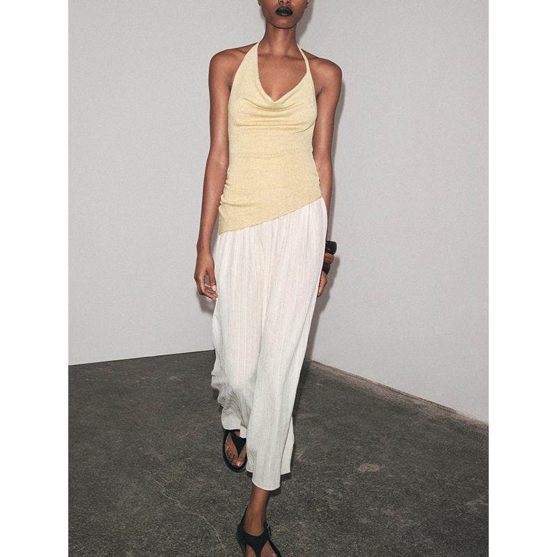 Summer New Women clothes off-the-Shoulder Contrast Color Patchwork Hanging Collar Sleeveless Temperament Long Dress 1165001