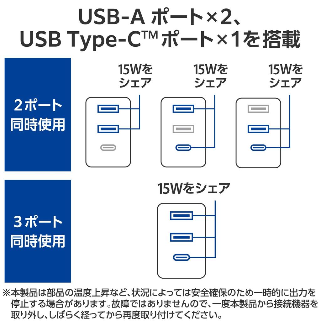 Elecom Cestovní konverzní zástrčka Typ USB x 1 x 2 15W Kompatibilní s póly Černá Typ A/BF/O/C USB-C USB-A (N Kompatibilní) T-HPAM-15A2CBK