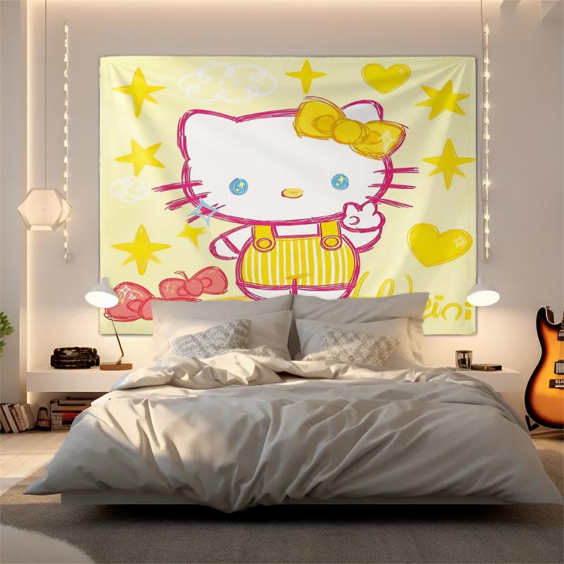 Hello Kitty Tapestry Cute Cartoon Wall Hanging Kawaii Star Heart Decor for Bedroom Dorm Living Room