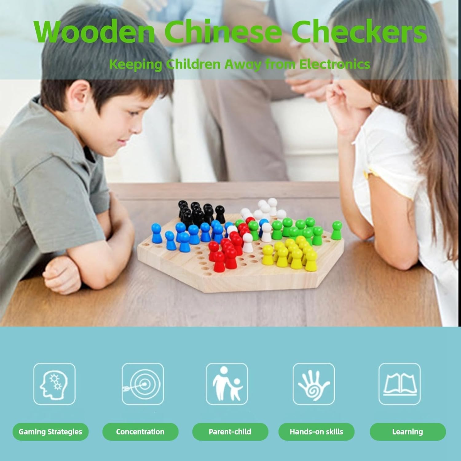 Chinese Checkers Game Set, Wooden Chinese Checkers Board Game Set with 6 Colors 60 Chess Pieces, Strategy Puzzle Family Board Game for Adults Kids