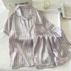 Stylish And Simple Ice Silk Pajamas Women'S Summer Short-Sleeved Cardigan Striped Sweet Loungewear Suit