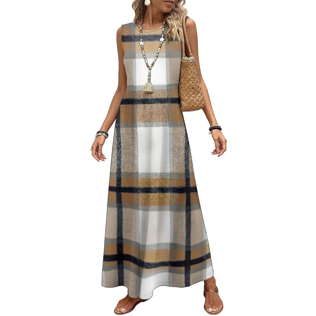 Ladies' Plaid Printed Casual and Fashionable Waist Cinched Sleeveless Dress