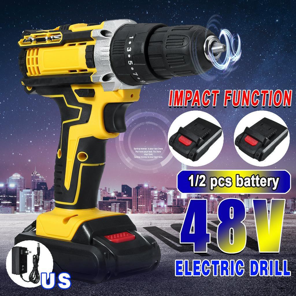 48V Mini 25+3 Torque Cordless Electric Impact Drill Screwdriver Wireless Power Driver DC With 2 Lithium-Ion Battery 3/8-Inches