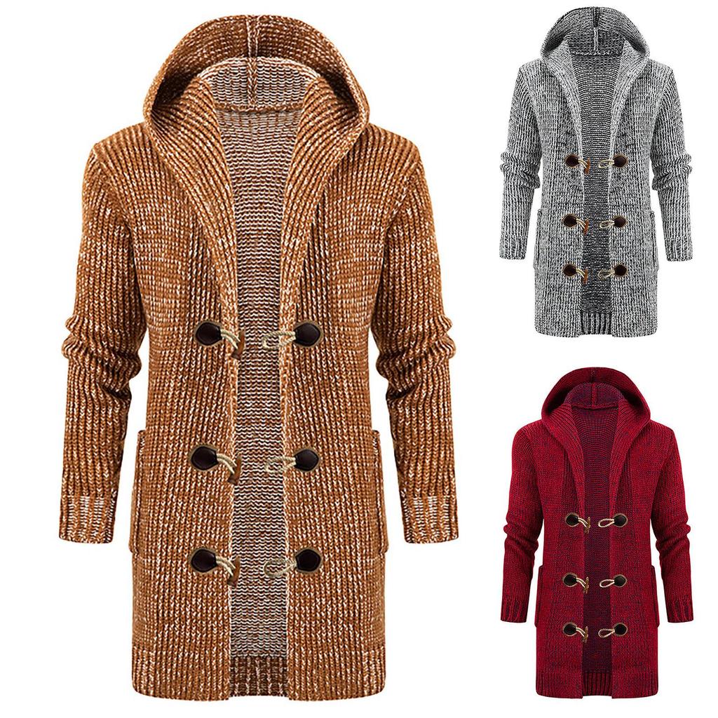 Men's Solid Color Knitted Coat Hooded Long Windbreaker Button Cardigan Medium Length Sweater