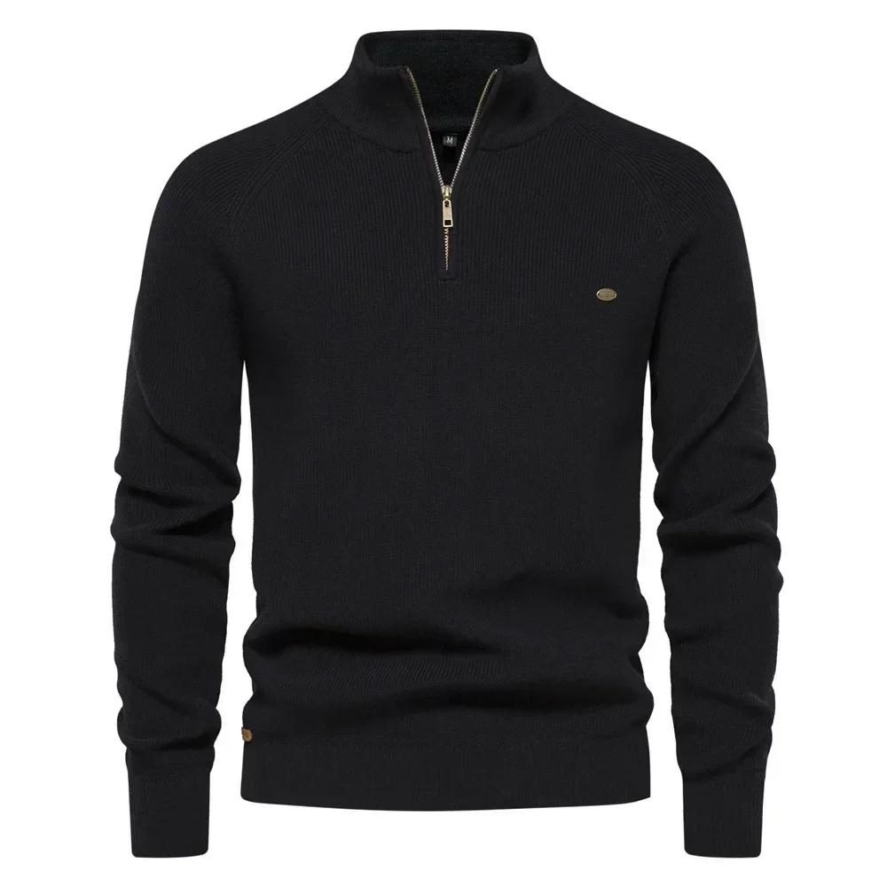 Pull pour homme col semi-montant zippé uni élastique coupe slim manches longues pull décontracté business homme pull tricoté