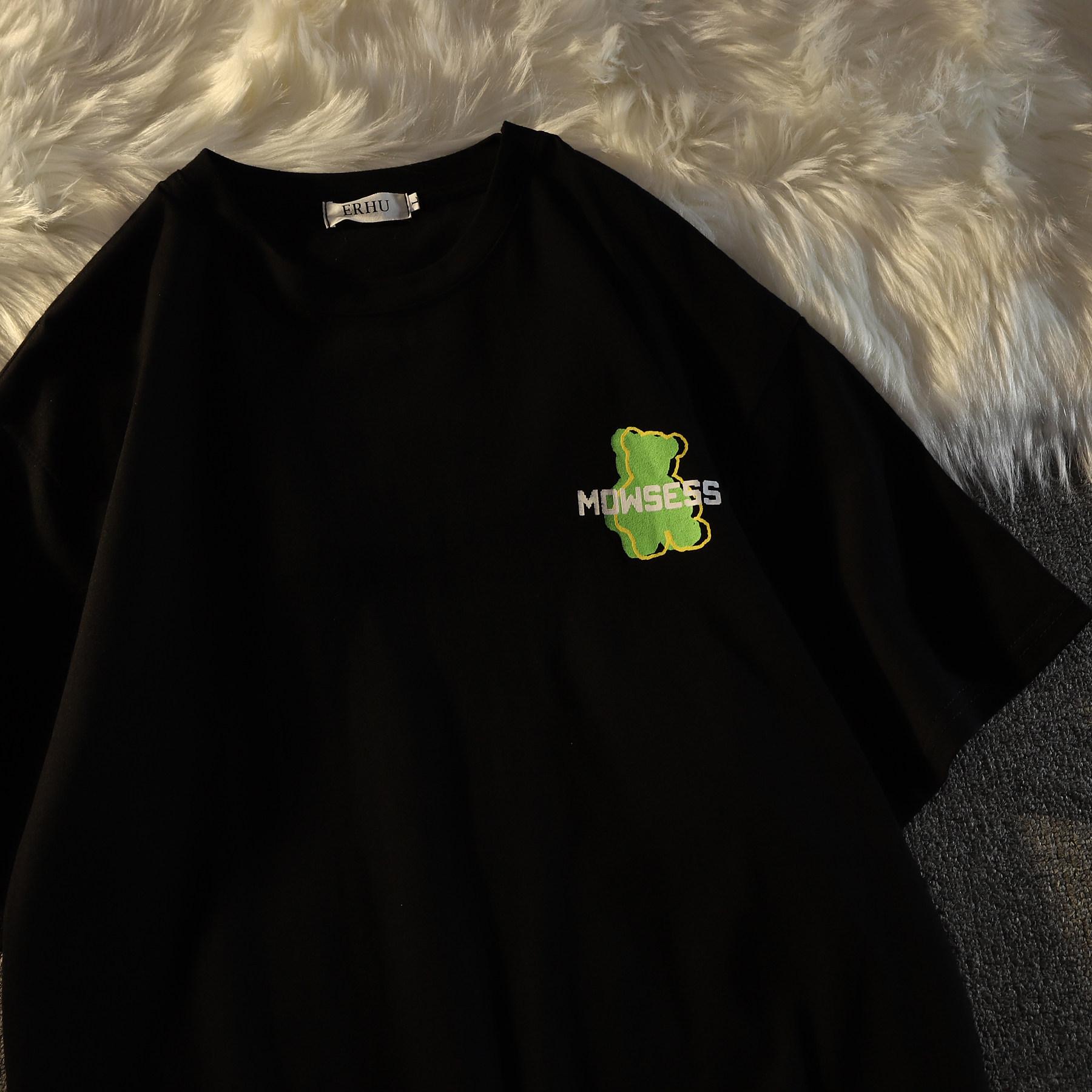 

Plus Size Retro Cartoon Bear Loose Cotton T-Shirt for Men & Women XL (116-130 jin) чорний